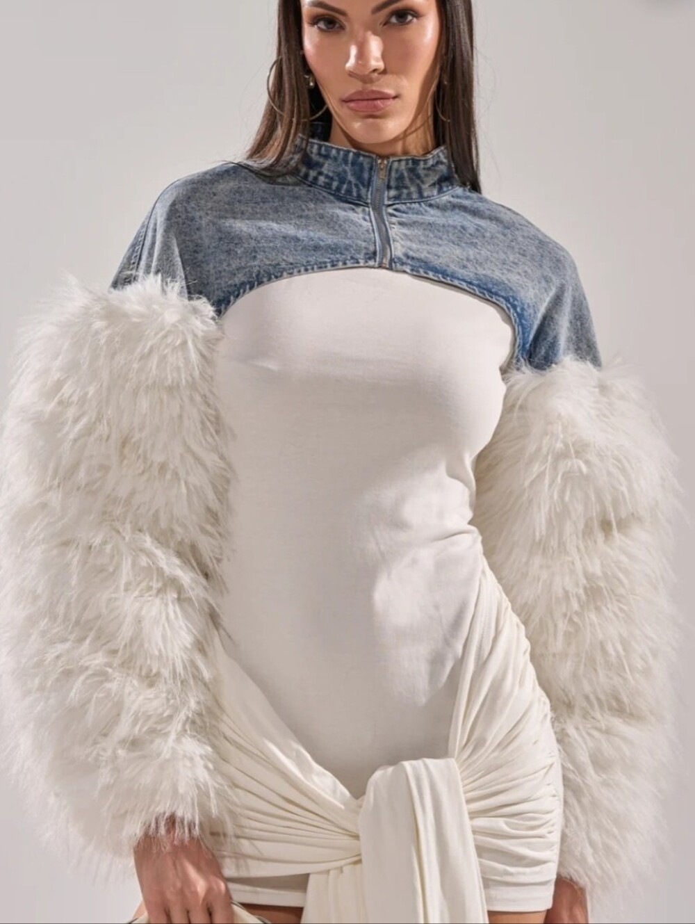 White Faux Fur Sleeve Dress with Denim Bolero Sz Xl